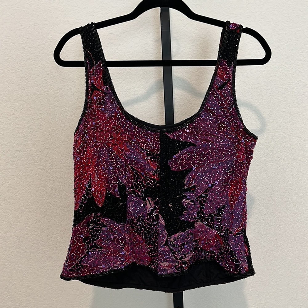 (Final Price) Vintage Cecily Brown Beaded Silk Floral Top - Size Med - Picture 5 of 12